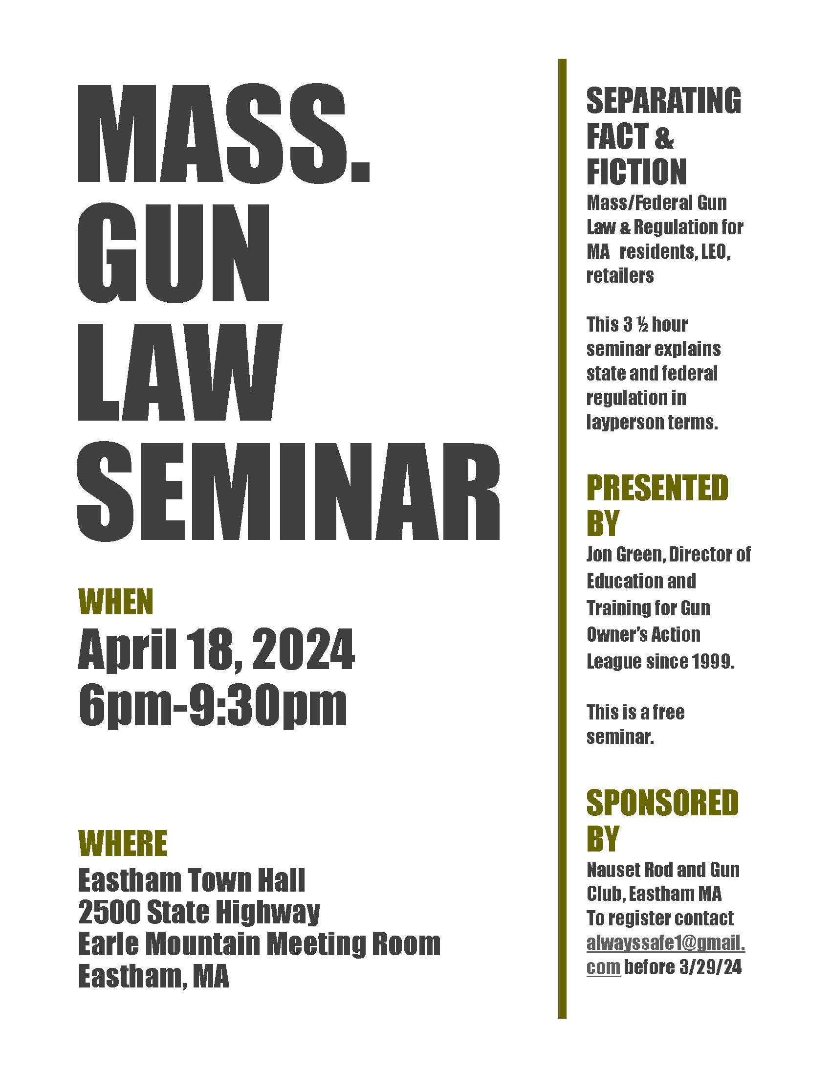 Mass Gun Law Seminar To Be Held April 18th in Eastham