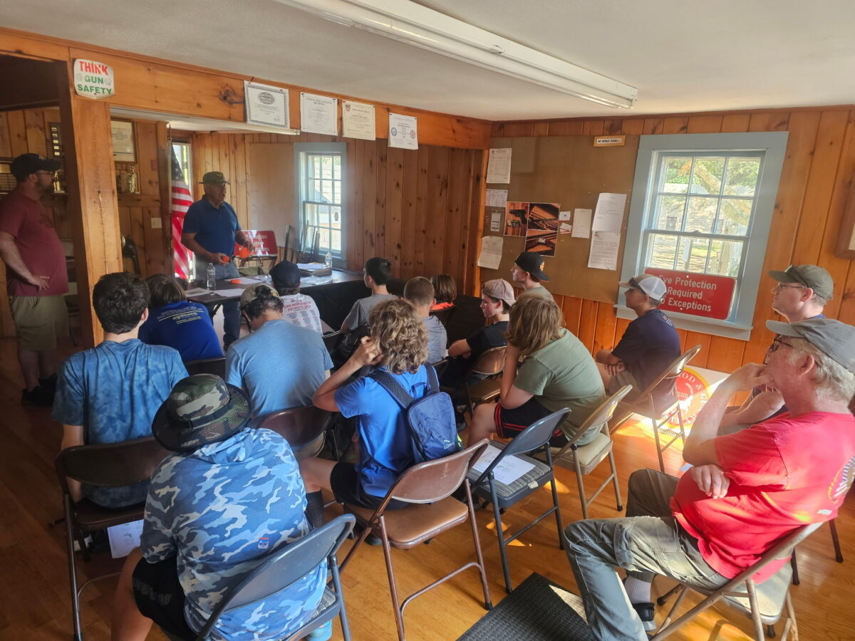 Scouts during firearms safety instruction in the Nauset Rod & Gun clubhouse